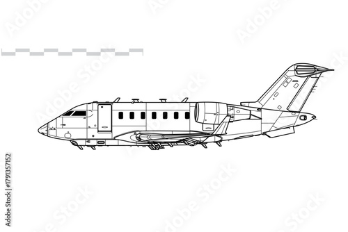 Bombardier Challenger CL650 ARTEMIS. Vector drawing of reconnaissance aircraft. Side view. Image for illustration and infographics.