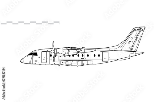 Fairchild Dornier 328-110. Vector drawing of short range passenger airliner. Side view. Image for illustration and infographics