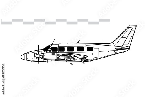 Piper PA-31-350 Navajo Chieftain. Vector drawing of light utility aircraft. Side view. Image for illustration and infographics.