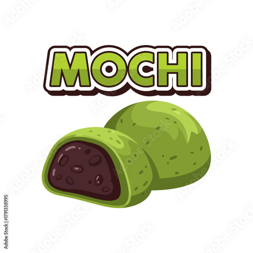 A vibrant vector illustration captures a cut-open matcha mochi, revealing its sweet red bean paste filling beneath a bold, cartoonish "MOCHI" logo
