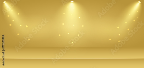 Empty Gold 3D Studio Stage Background with Three Spotlights and Bokeh Effect.
