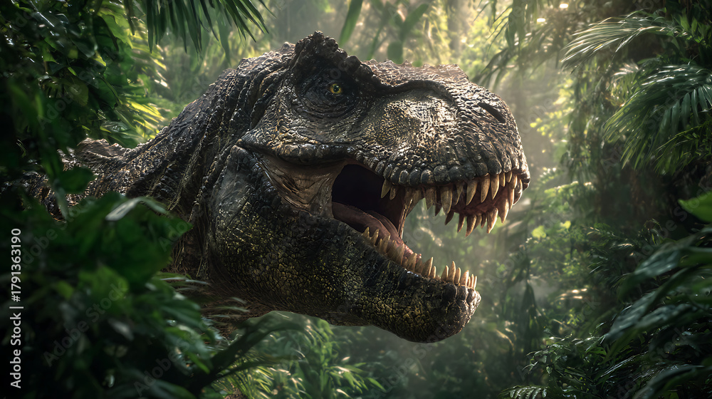 Fototapeta premium A ferocious CGI theropod head bursts from dense jungle jaws open, teeth gleaming toward camera, now