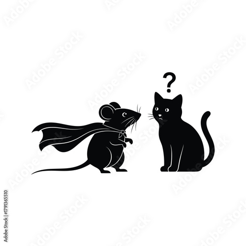 Mouse superhero confronts cat isolated on white background, Vector