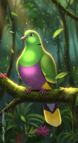 Vibrant Emerald Dove Perched on Branch in Lush Jungle.