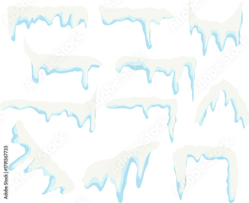 Frozen Icicles with Snow, Icicles and Dripping Ice Set Vector Illustration