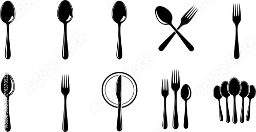 Teaspoon silhouette, Spoon silhouette, Spoon and forks silhouette, Teaspoon , Spoon , Forks , Teaspoon vector, Forks silhouette, Spoons vector set.