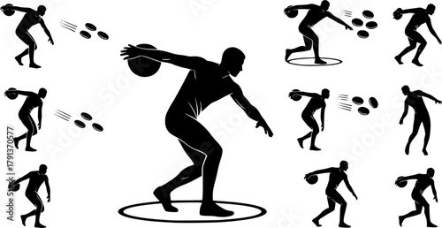 Discus thrower silhouette, Discus silhouettes, Discus thrower player silhouette, Discus thrower, Discus, Discus thrower player, Discus thrower vector set.