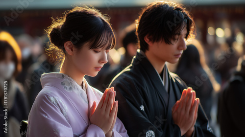 Shōgatsu & Hatsumōde, Japan A Young Couple Offers Prayers at a Shrine During the Japanese New Year, Embracing Tradition and Spirituality