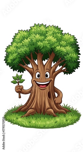Cartoon Tree Character Holding Leaf, Smiling in a Green Environment.