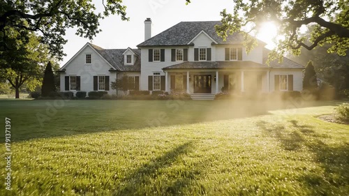 Beautiful Suburban Home Estate with Morning Sunlight and Mist.