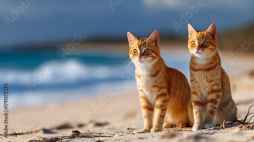 Two orange cats stand on a sunlit beach gazing toward the waves beside scattered sand. Near the sea