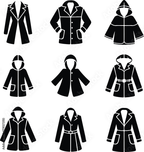 Raincoat Icon Set – Waterproof Clothing and Outerwear Silhouette Collection Rain Jacket and Raincoat Icons – Weather Protection Fashion Vector Set