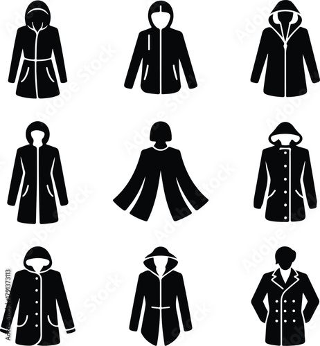 Raincoat Icon Set – Waterproof Clothing and Outerwear Silhouette Collection Rain Jacket and Raincoat Icons – Weather Protection Fashion Vector Set