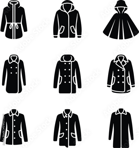 Raincoat Icon Set – Waterproof Clothing and Outerwear Silhouette Collection Rain Jacket and Raincoat Icons – Weather Protection Fashion Vector Set