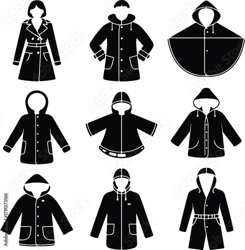 Raincoat Icon Set – Waterproof Clothing and Outerwear Silhouette Collection Rain Jacket and Raincoat Icons – Weather Protection Fashion Vector Set