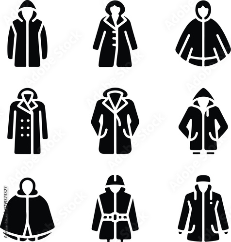 Raincoat Icon Set – Waterproof Clothing and Outerwear Silhouette Collection Rain Jacket and Raincoat Icons – Weather Protection Fashion Vector Set