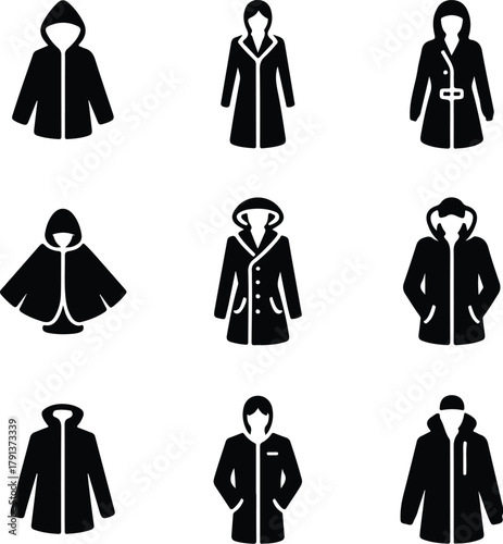 Raincoat Icon Set – Waterproof Clothing and Outerwear Silhouette Collection Rain Jacket and Raincoat Icons – Weather Protection Fashion Vector Set
