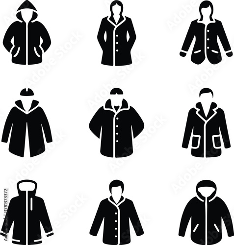 Raincoat Icon Set – Waterproof Clothing and Outerwear Silhouette Collection Rain Jacket and Raincoat Icons – Weather Protection Fashion Vector Set