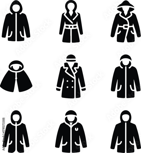 Raincoat Icon Set – Waterproof Clothing and Outerwear Silhouette Collection Rain Jacket and Raincoat Icons – Weather Protection Fashion Vector Set