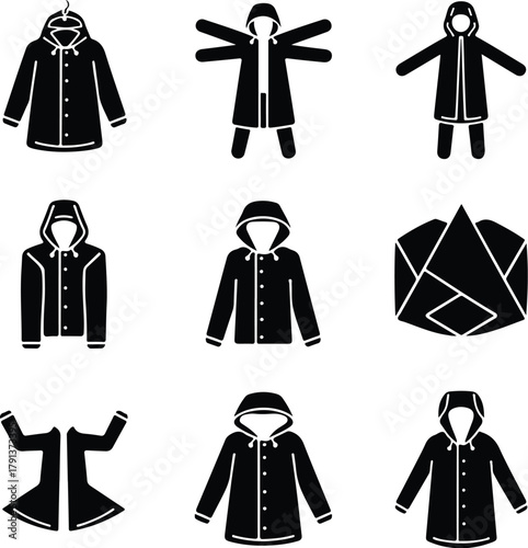 Raincoat Icon Set – Waterproof Clothing and Outerwear Silhouette Collection Rain Jacket and Raincoat Icons – Weather Protection Fashion Vector Set