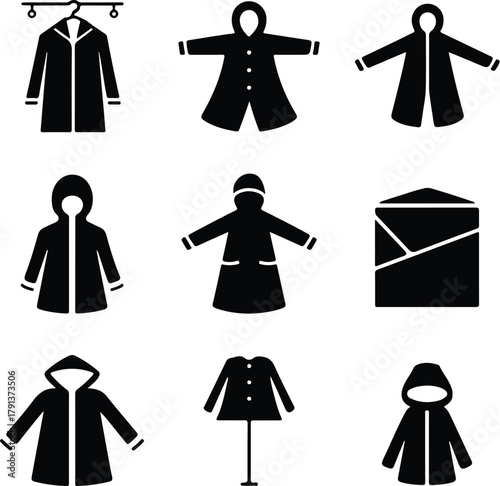 Raincoat Icon Set – Waterproof Clothing and Outerwear Silhouette Collection Rain Jacket and Raincoat Icons – Weather Protection Fashion Vector Set