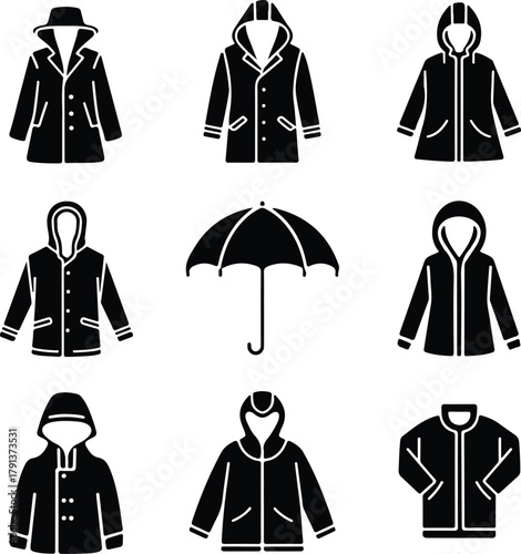 Raincoat Icon Set – Waterproof Clothing and Outerwear Silhouette Collection Rain Jacket and Raincoat Icons – Weather Protection Fashion Vector Set