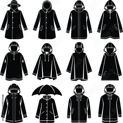 Raincoat Icon Set – Waterproof Clothing and Outerwear Silhouette Collection Rain Jacket and Raincoat Icons – Weather Protection Fashion Vector Set