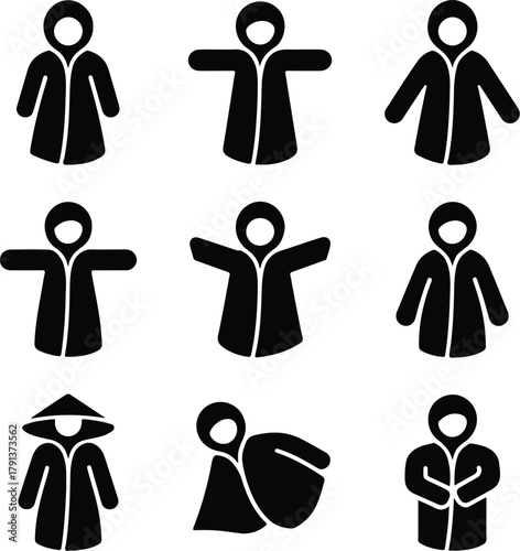 Raincoat Icon Set – Waterproof Clothing and Outerwear Silhouette Collection Rain Jacket and Raincoat Icons – Weather Protection Fashion Vector Set