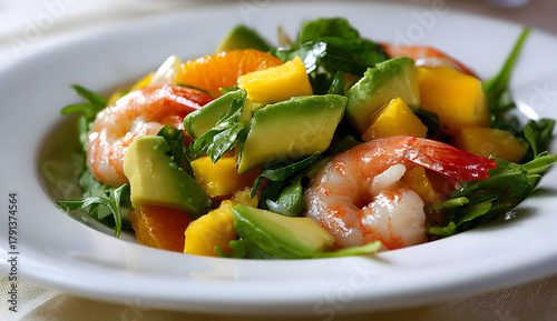 Delicious shrimp salad with mango and avocado served on a white plate, showcasing fresh ingredients and vibrant colors for a healthy and appetizing meal.