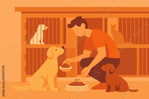 Volunteer Feeding Dogs at Animal Shelter
