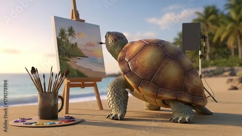 A creative turtle painting a beautiful beach landscape on an easel by the ocean.