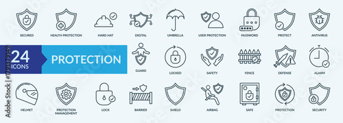 Protection icon collection set with password, safety, user protection, defense, alarm
