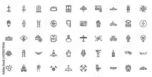 Future Technology icon set. Vector illustration for 025 concepts. Includes AI,robot, VR, hologram, drone rocket, smart house, jetpck, exoskeleton, renewableenergy and more.