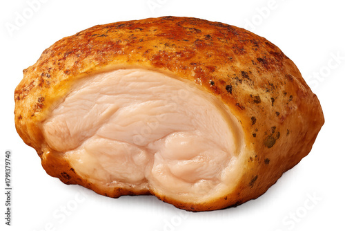 Cooked chicken thigh cross section showing tender white meat and golden brown crispy skin, transparent background