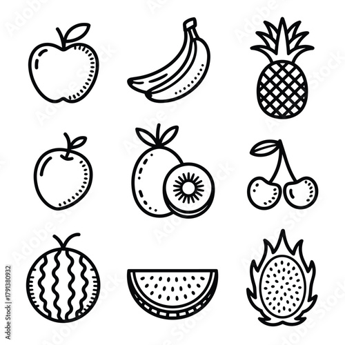 Hand Drawn Fruit Icons Apple Banana Pineapple Kiwi Cherry Watermelon and Dragon Fruit Vector