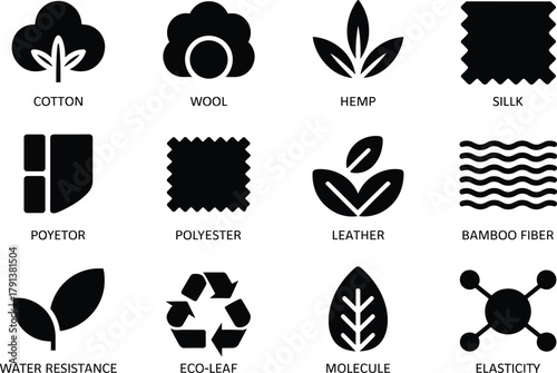 Cotton Wool Hemp Silk Polyester Leather Bamboo Fiber and Eco Material Icons Vector Illustration