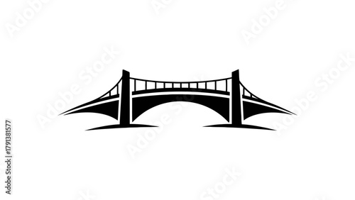 Black and white illustration of a suspension bridge with two towers and arched spans.