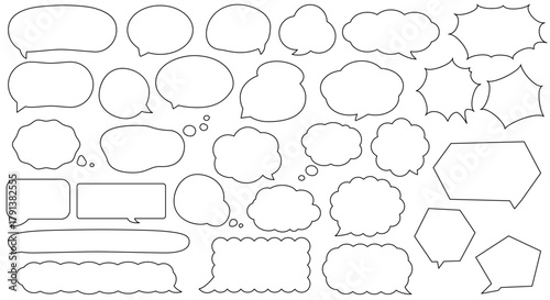 シンプルな吹き出しイラストセット（黒線・白塗り・手書き風）