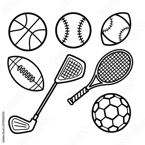 Black and White Sports Equipment Collection Illustration