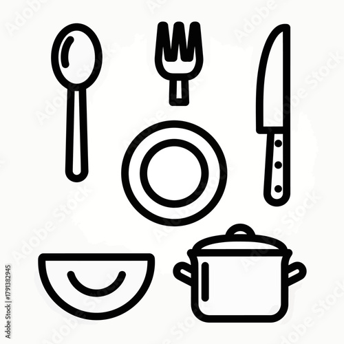 Cutlery Set Icon Spoon, Fork, Knife, Plate, Bowl, and Pot for Culinary Design and Cooking