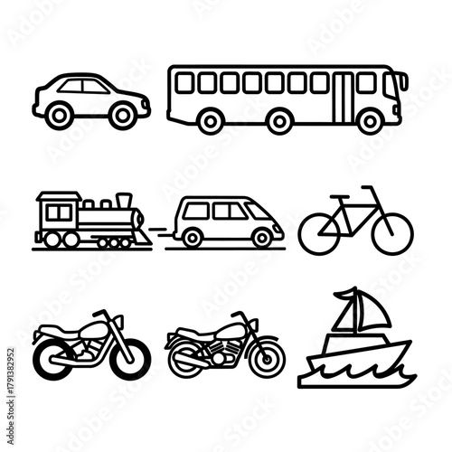 Transportation Icons Car, Bus, Train, Van, Bike, Motorcycles, and Sailboat for Diverse Travel