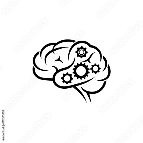 Black and white illustration of a brain with gears inside, representing thought and intellect.