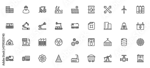 Industrial icon set. Vector illustration. Featuring actory, solar panel, robotc arm, conveyor, oil tank,engineer, helmet, forklift barrel, battery and more.