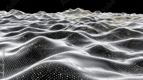 An abstract digital surface with waves and a dotted grid on a black background. Ideal for high-tech, data visualization, and computer graphics.
