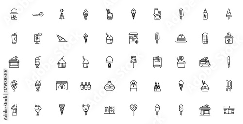 Ice cream shop icon set. Vector illustration. Includs symbols for ice cream, ppsicle, milkshake, machine truck, shop, menu and mor. Editable stroke.