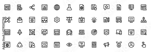Web Design icon set. Vector UI icon collection. Incldes symbols for browser, ap, code, interface, analytcs, design, button, cloud omputing and more.
