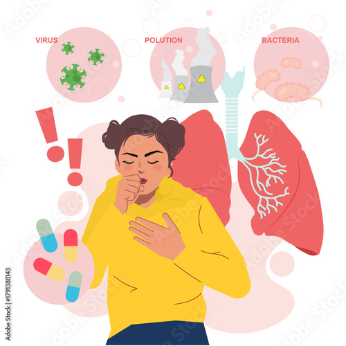 woman violently coughing with lungs in the background.ai