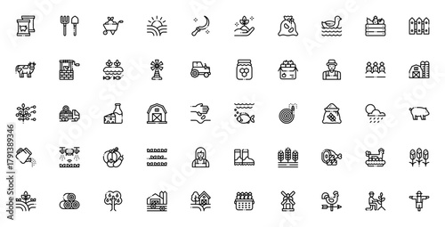 Farming and Gardening icon set. Vector illustration.Includes agriculture, farm ecology, animals, tools, uildings, eco-friendly symols and more. Editable strke.