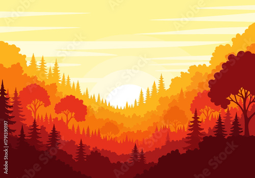 Stylized forest scene with layered silhouettes at sunset or sunrise