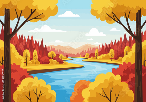 Brightly colored autumn landscape with a winding river through dense vibrant foliage